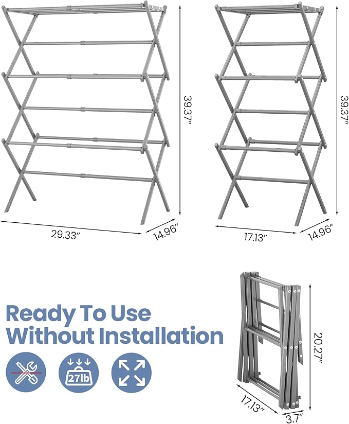 APEXCHASER Oversize 3-Tier Clothes Drying Rack, No Install, Grey | Expandable Design, Non-slip feet, Tool-free Setup, Rust Prevention, Sturdy Construction, 14.9" D x 29.3" W, Holds 24lbs