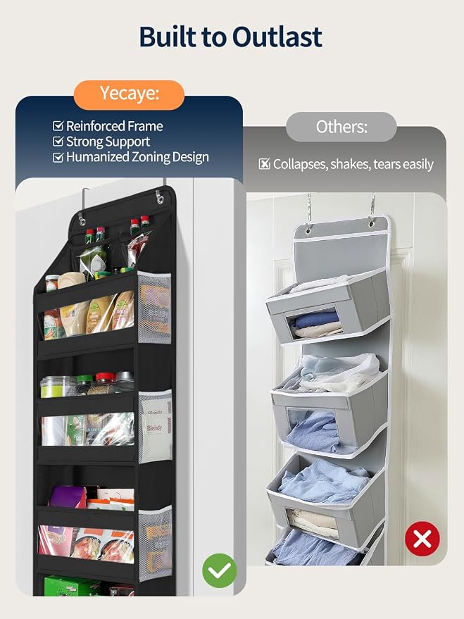 Yecaye 5 Tier Over the Door Organizer, Swing-proof Door Organizer Hanging with Clear PVC Windows, Behind the Door Storage for Bedroom Nursery Closet Laundry Pantry Bathroom, Black