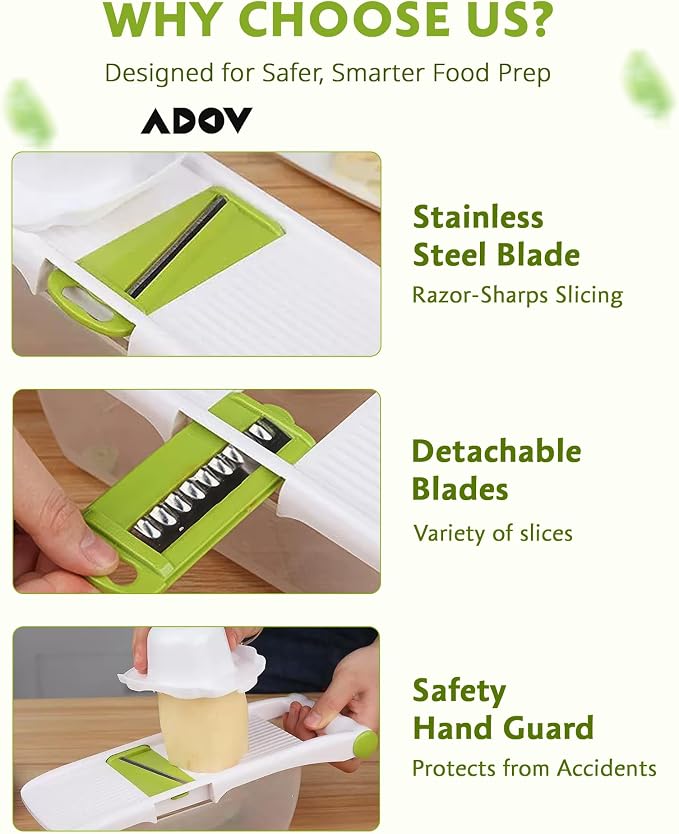ADOV Mandoline Slicer for Kitchen, Adjustable Mandoline Food Slicer, Vegetable Slicer for Potato, Onion, Cucumber, Veggie Slicer, Multifunctional Vegetable Chopper with Container, Essential Kitchen