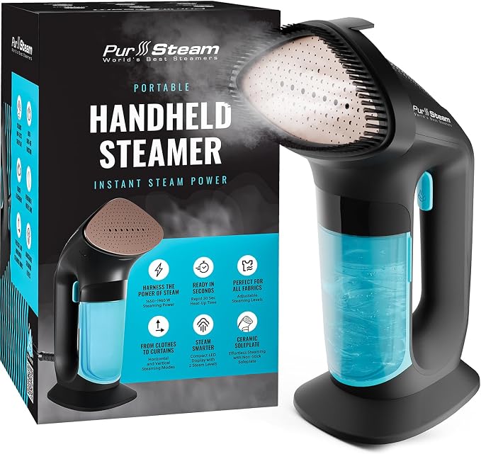 PurSteam SteamPulse Handheld Garment Steamer - Fast Heat-Up, LED Display | 1700W | LED Display | 15-Min Continuous Steam | 7.1 oz Removable Tank | Ceramic Soleplate | Auto Shut-Off | Portable