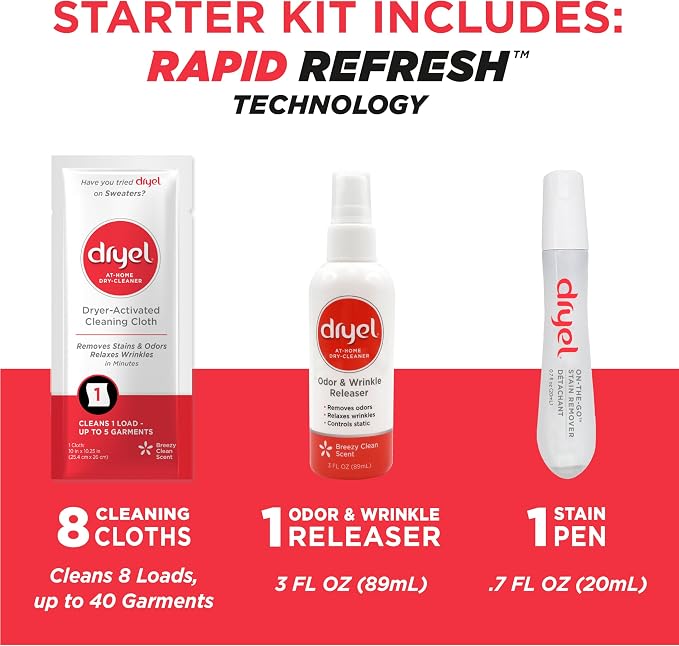 Dryel At-Home Dry Cleaner, Stain & Wrinkle Remover for Delicates, 8 Loads | Cleans, deodorizes, refreshes, removes stains & helps smooth wrinkles on dry-clean & delicate clothes; includes pen & spray