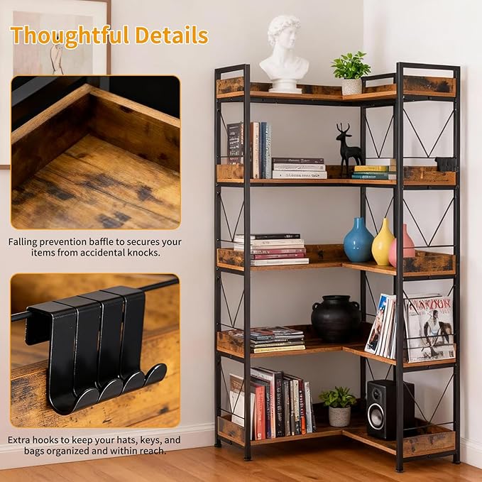 DUMOS 65 inch L Shaped Bookshelf, 5 Tier Corner Bookcase with Hooks and Edge, Industrial Pantry Shelves with Metal Frame, Wooden Open Storage for Living Room, Home Office, Bedroom, Rustic Brown | Industrial Pantry Shelves with Metal Frame, Wooden Open ...