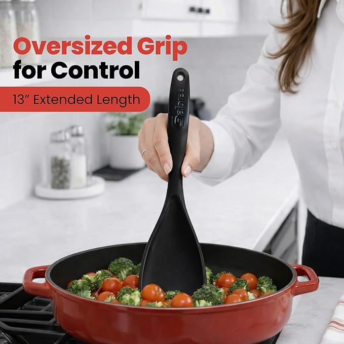Silicone Spoon Spatula for Cooking - Multifunction Scoop Spatula Spoonula - Heat Resistant Cooking Spoon for Nonstick Cookware - Large Silicone Kitchen Spoon - Seamless Design (Black,1pc)