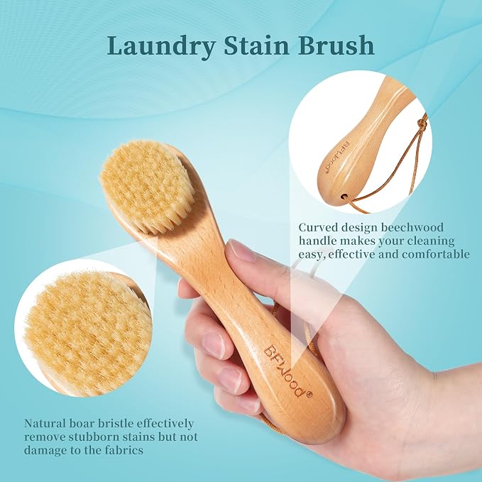 2PCS Laundry Stain Brush - Natural Soft Boar Bristles, Removes Tough Stains from Delicate Fabrics Like Knits, Cotton, and Linens, Gentle on Fabrics, No Damage