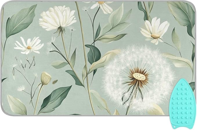 Sage Green Dandelions Ironing Mat Portable Ironing Pad Blanket with Silicone Iron Rest for Table Top Travel Heat Resistant Double-Side Using Large 47x28 Inch Foldable