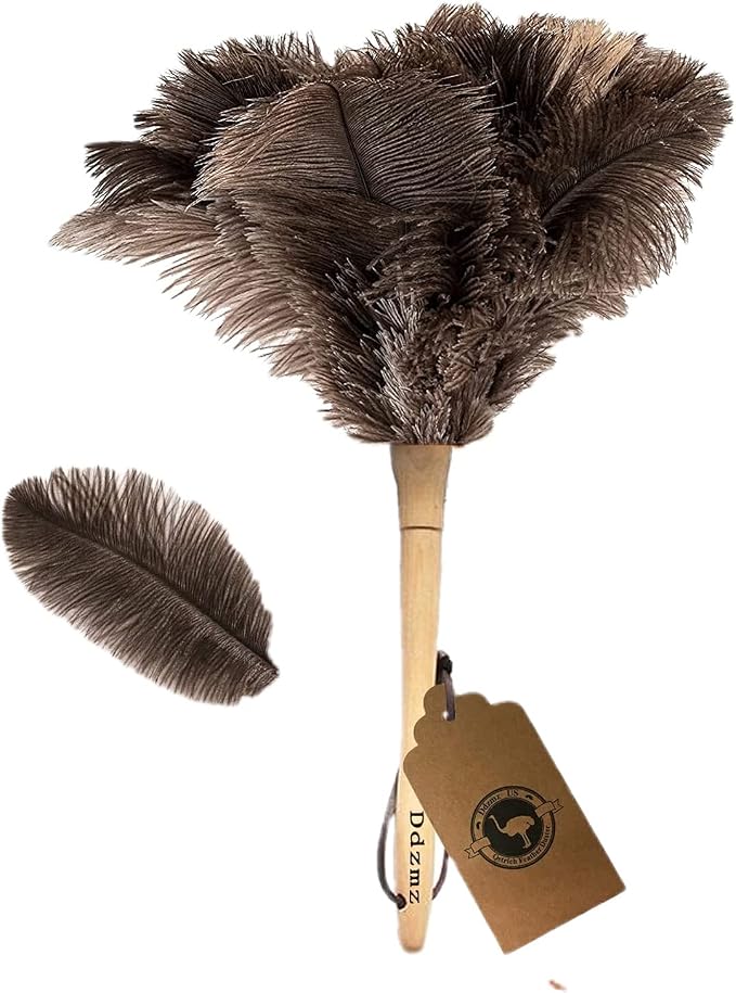 DDZMZ Ostrich Feather Duster for Cleaning with Wooden Handle,16",Brown | Genuine Natural Fluffy,Reusable and Washable,Gentle on Delicate Surfaces,for Home,Furniture,Desk
