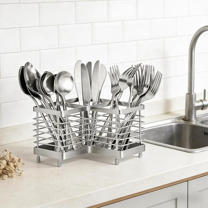 Utensil Holder, Stainless Steel Utensil Drying Rack for Kitchen Counter, Silverware Cutlery Flatware Holder Forks, Knives, Spoons, Chopsticks Organizer (Triangle)