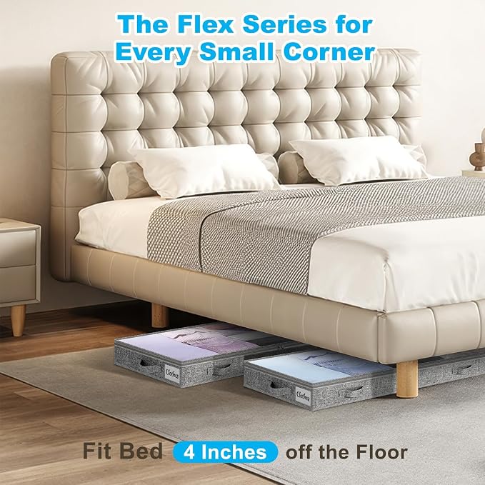 4 Inch Low Profile Under Bed Storage Drawer 4 Pack, Lightweight Underbed Clothes Storage Container Bins With NO STURCTURE, Shallow Storage Bag for Dorm & Home, With Clear Lids & Water-Resistant Fabric