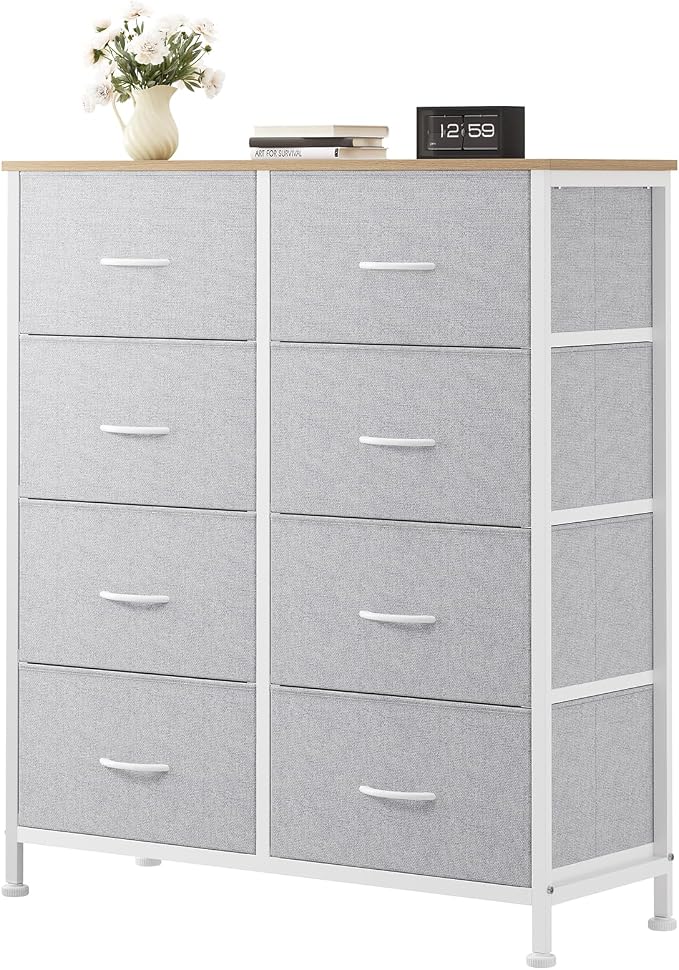 OLIXIS 8 Drawer Storage Dresser for Bedroom, Closet Organizers Units | Fabric Dresser with Wooden Top, Chest of Drawers Clothes Storage, Tower Cabinet, TV Stand Furniture, Light Grey