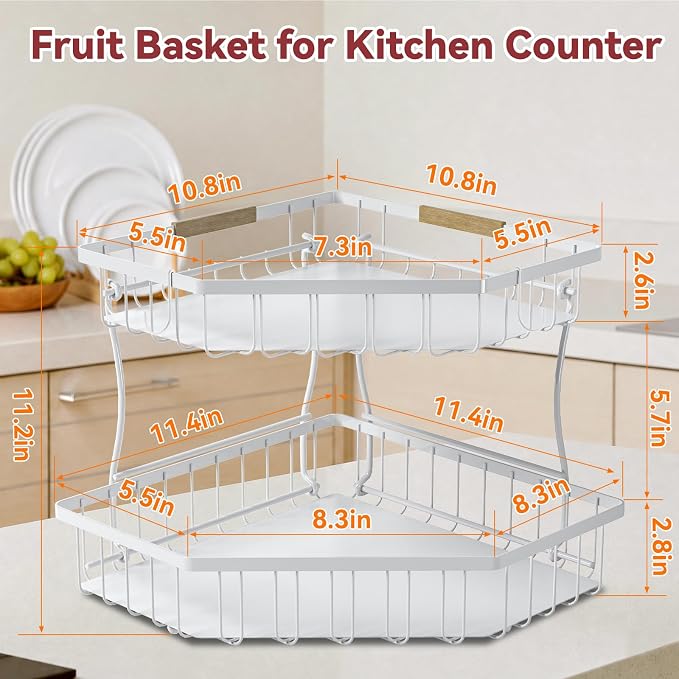 2 Tier Fruit Basket for Kitchen Counter - Detachable Metal Fruit Bowl with 2 Banana Hangers for Corner , Large Capacity Fruit Stand with Wooden Handle for Bread Fruit and Vegetable Storage- White