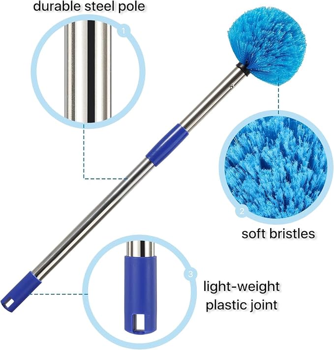 Extended Reach Cobweb Duster with 8-Foot Pole - Medium Bristle Brush for Ceiling, Wall, and Indoor/Outdoor Cleaning, Lightweight Stainless Steel (10FT)