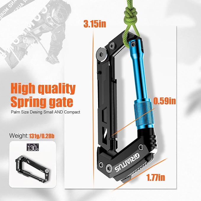 Carabiner Multitool with Pocket Knives, EDC Carabiners, for Camping (Blue) | Stocking Stuffers Gifts for Men, Serrated Knife, Rope Cutter, Screwdriver, Can Bottle Opener, Ruler, Folding Knife, Hiking