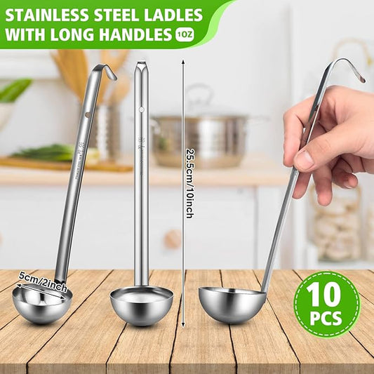 Potchen 10 Pcs Stainless Steel Soup Ladle Set Small Ladle Sturdy Long Handle Portion Control Serving Spoons for Cooking Sauce Gravy Stirring & Kitchen Home Use(1 oz)