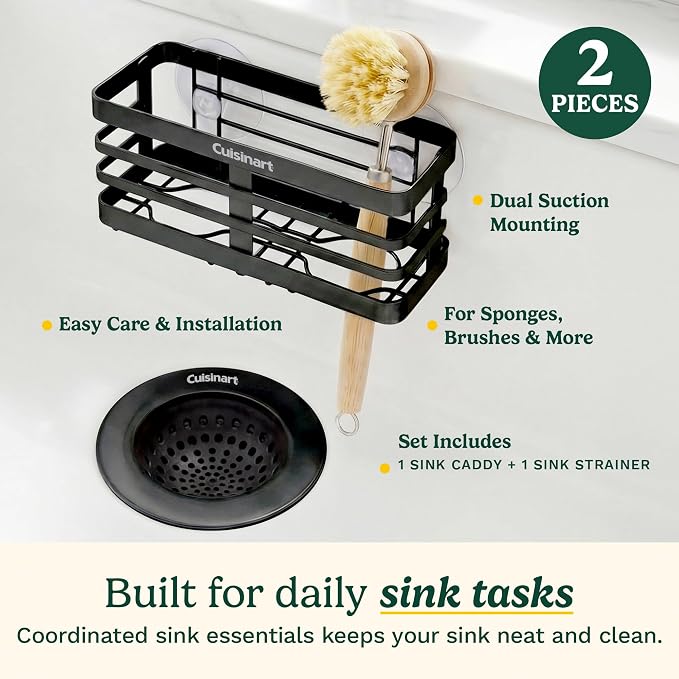 Cuisinart 2 Piece Sink Set – Sink Drain Strainer with Stainless Steel Rim & Silicone Mesh Base & Sponge Holder for Kitchen Sink, Metal Caddy with Triple Suction Cups, Daily Kitchen Essentials