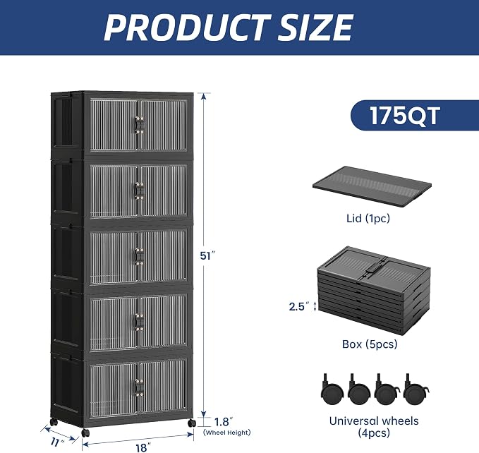 SAILUN 44Gal/175Qt Stackable Storage Bins Folding Collapsible Storage Bins with Lid, Closet Organizers and Storage Box with Door Black 18" W x 11" D x 51" H