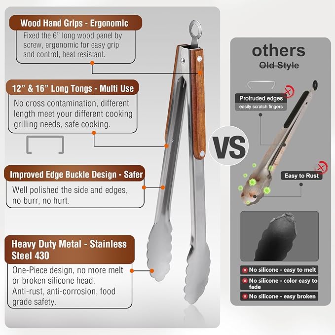 Esie Houzie 16" & 12" Heavy Duty Stainless Steel Grill Tongs with Locking Mechanism & Heat-Resistant Wooden Handle - 2-Pack BBQ Tongs for Grilling, Barbecue, Kitchen Cooking Accessories