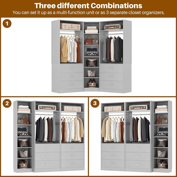 Besiost Closet System with 6 Drawers & 10 Shelves, Corner Closet Organizer System, Reversible Walk-in Closets, (L-Shaped 31.5" L * 31.5" W / I-Shaped 62.9" L * 15" W), Load 1500+LBS, Grey