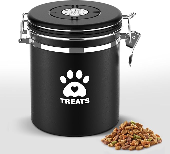 ENONCI Dog Treat Container Airtight,5.9"x4.7" Stainless Steel Cat Treat Jar for Kitchen Counter with Scoop, Pet Storage for Fresh Dog Cookie