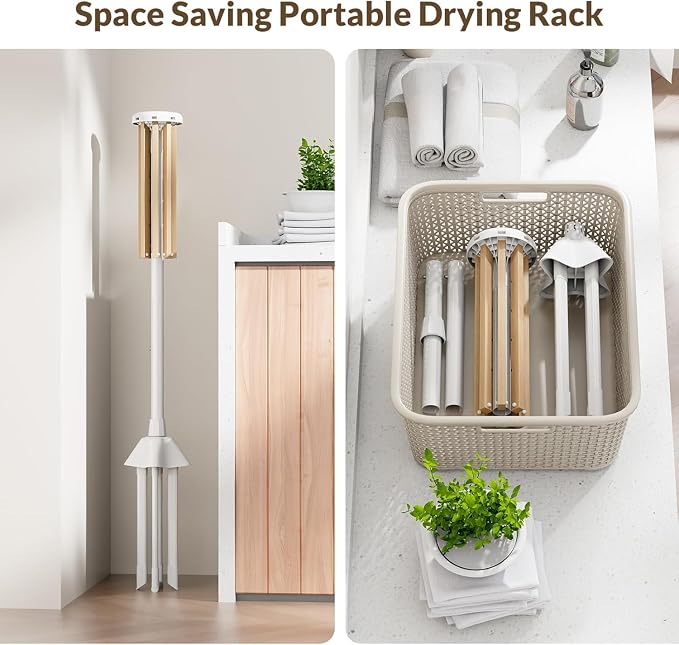 Wood Clothes Drying Rack, Foldable Collapsible Laundry Rack with 8 Adjustable Rods, Stable Space Saving Garment Organizer for Indoor Outdoor, Laundry Room, Bedroom, Bathroom, Balcony, RV, Camping