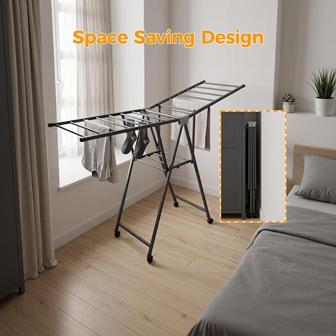 Clothes Rack, 2-Tier Drying Hanger, for 20 Pieces+, Foldable and Space Saving, Portable, Indoor or Outdoor Use, Solid Metal Clotheshorse, Nice for Mum, Gray (1.6 m Wing Length)