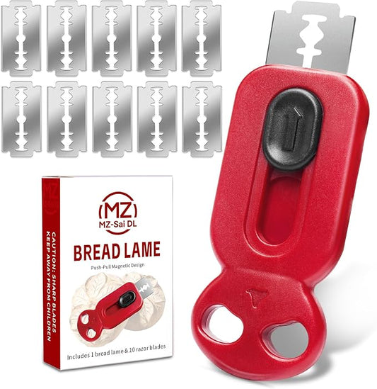 Magnetic Retractable Bread Lame, Dough Scoring Tool with 10 Replaceable Stainless Steel Blades, Safety Professional Bread Scoring Knife for Sourdough Artisan Baguette Ciabatta Homemade Bread Baking