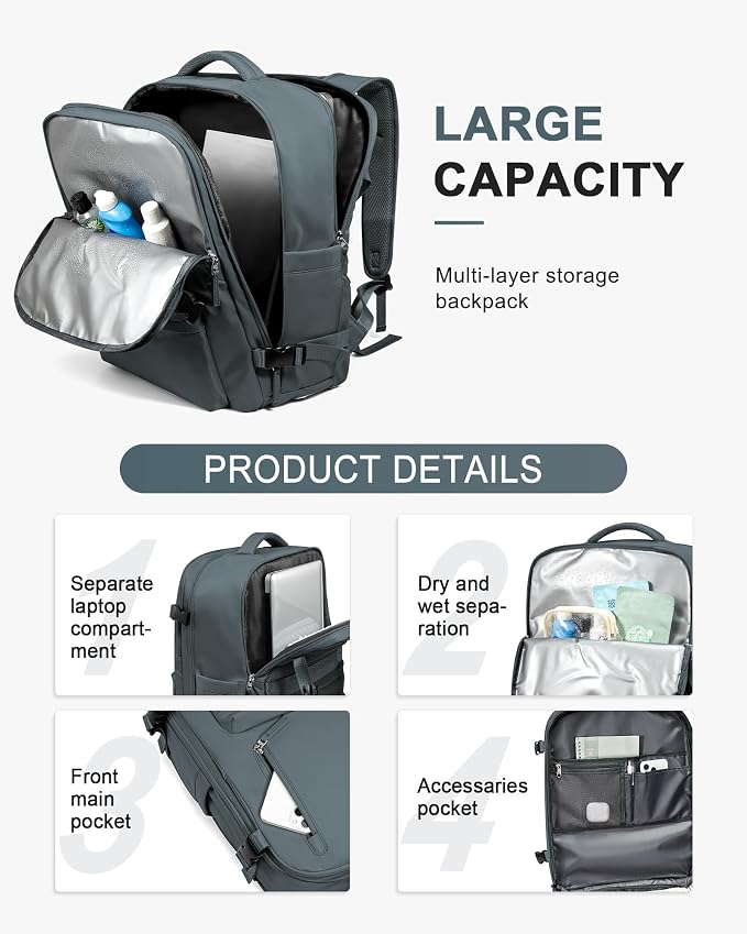 WONHOX Large Travel Backpack Women,Carry On Backpack Flight Approved 18x14x8 inches Bag Spirit Airlines Personal ltem,College Sports Hiking Rucksack Laptop Blackpack mochila de viaje, Grey Blue