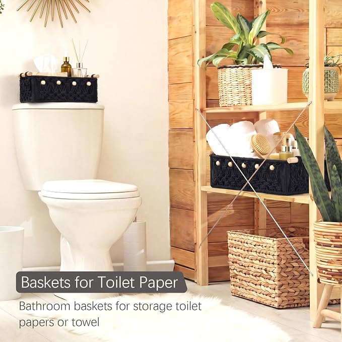 Vesici 4 Pcs Black Macrame Storage Basket for Shelves 13 in 11 in Boho Storage Basket Hand Woven Boxes with Wood Handles Beads Decorative Countertop Toilet Tank Cabinet Organizer for Home Room Decor