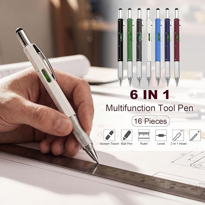Zhanmai 16 Pcs 6 in 1 Multitool Pen Bulk Gift for Men Multi Tool Ballpoint Pen with Ruler Level Screwdriver Stylus Cool 40 Ink Refill Tool Gadget Birthday Christmas Stocking Stuffers (Multiple Colors)