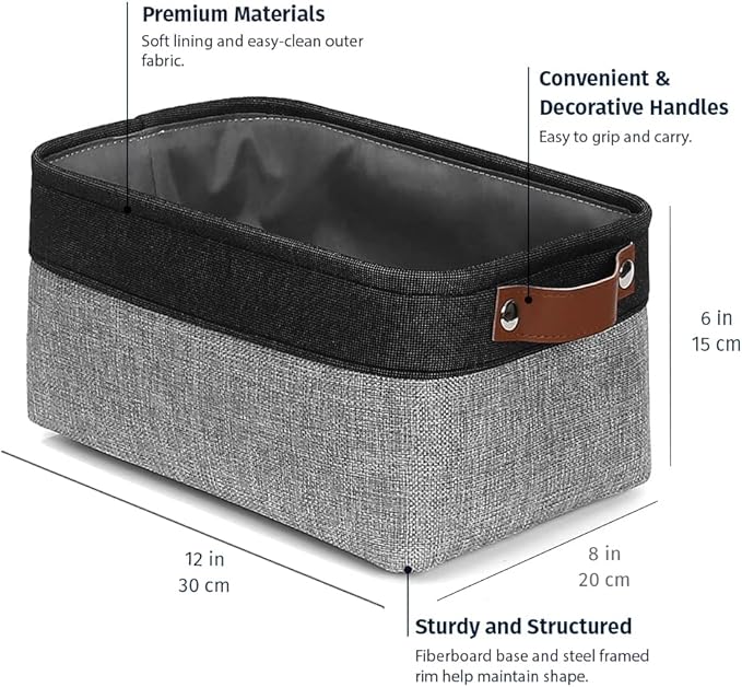 OrganiHaus Small Fabric Storage Baskets 6 Pack, 12x8in Cloth Storage Bins for Shelves, Small Baskets for Organizing Bathroom Pantry Closet, Canvas Shelf Baskets, Gray/Black