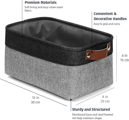 OrganiHaus Small Fabric Storage Baskets 6 Pack, 12x8in Cloth Storage Bins for Shelves, Small Baskets for Organizing Bathroom Pantry Closet, Canvas Shelf Baskets, Gray/Black