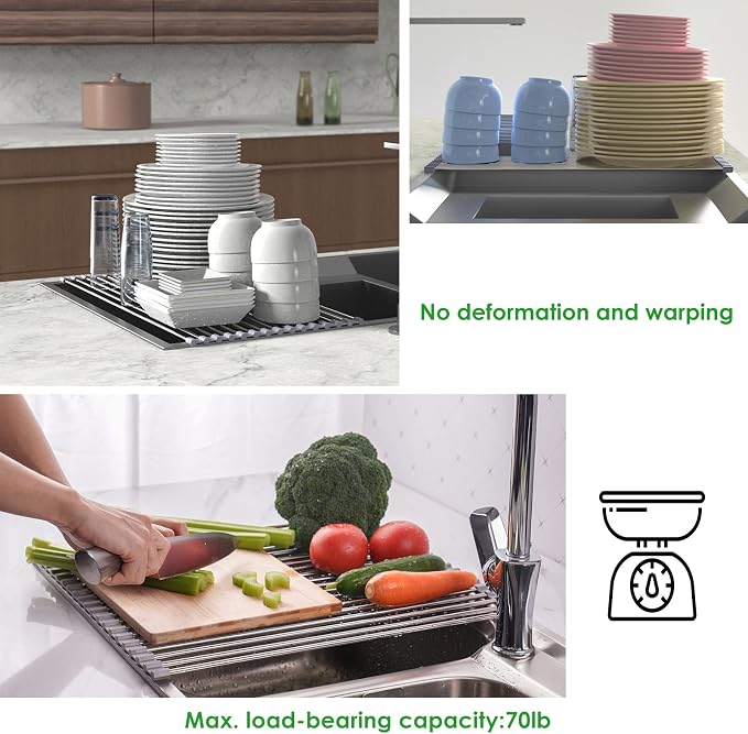Tomorotec Roll Up Dish Drying Rack Over the Sink Grey Large Dish Drying Rack Rolling Foldable Collapsible SUS304 Stainless Steel Multipurpose Dish Drainer for Kitchen Counter (17.8”x15.7”)