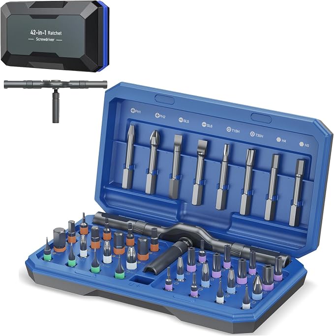 Upgraded 42 in 1 Magnetic Screwdriver Set, Ankilo DIY Ratchet Screwdriver Set With T Handle, Blue Portable Storage Case, DIY Repair Tool Kit for Valentine's Day Gifts Home, Bike, Repairs