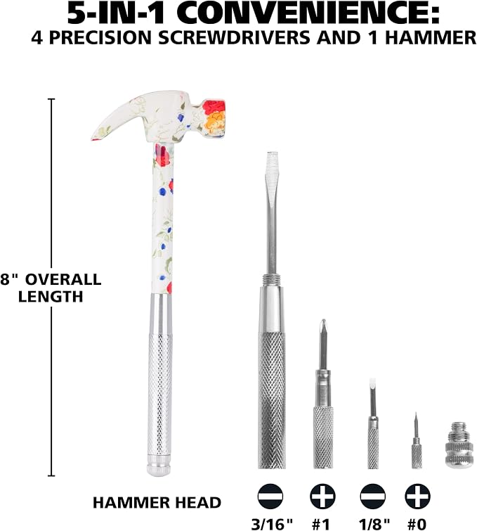 GreatNeck 5-in-1 Hammer, Built in Multitool Screwdriver, Chrome Plated | Includes Four Screwdrivers and One Hammer, Rust Resistant, Great for Household Projects, Lightweight and Easy to Use