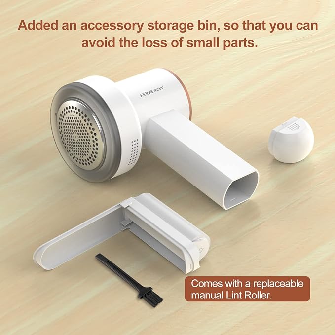 HOMEASY Fabric Shaver, Rechargeable Lint Remover for Clothes White | Electric sweater shaver and depiller with 70mm head, 6-leaf blades, LED battery display and Type-C charging for Furniture