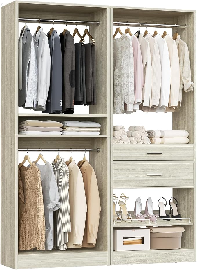 Unikito Closet System Set of 2, 4FT Closet Systems with 2 Wood Drawers, 50" Closet Organizer System with 3 Hanging Rods & 2 Shelves, Heavy Duty Walk-in Closet , White Oak (50" L x 16" W x 80" H)