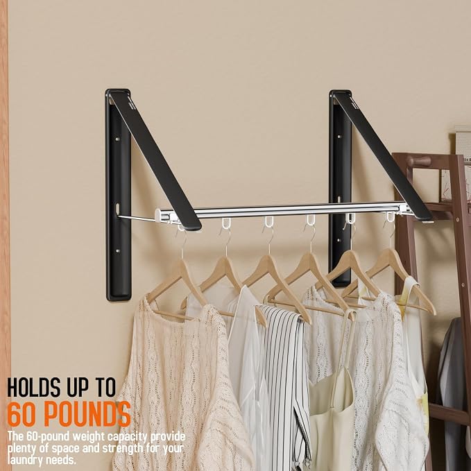 Folding Clothes Hanger Rack Wall mounted for Laundry Clothes Drying Rack | Foldable Hanger Rack Laundry Hanger Dryer Rack, Easy to Install, Closet Storage Organization, Space Saving Black, 2 pcs &1Rod
