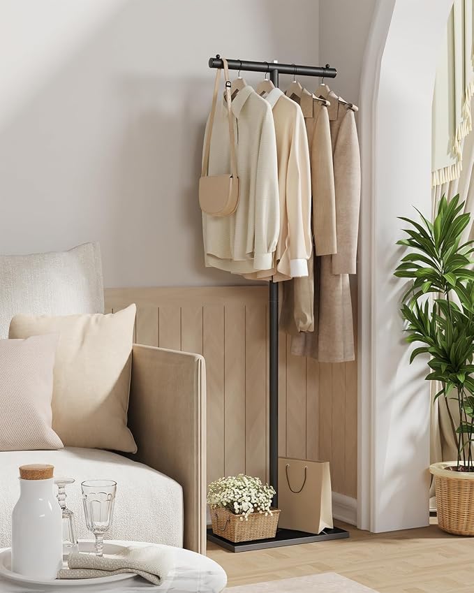 T-shaped Coat Rack Freestanding, Metal Hanger, Black, 68.9 In High | Modern Clothing Rack for Hanging Clothes, with Rock Slab Base, Heavy-duty Metal Garment Rack for Bedroom, Office and Hallway
