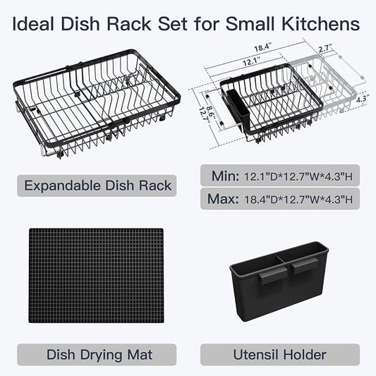 MAJALiS Dish Drying Rack Over The Sink with Utensil Holder, Mat | Expandable Stainless Steel Dish Drainer for Small Kitchen, Apartment, RV, Counter Space Saving, Perfect Fit, Rustproof
