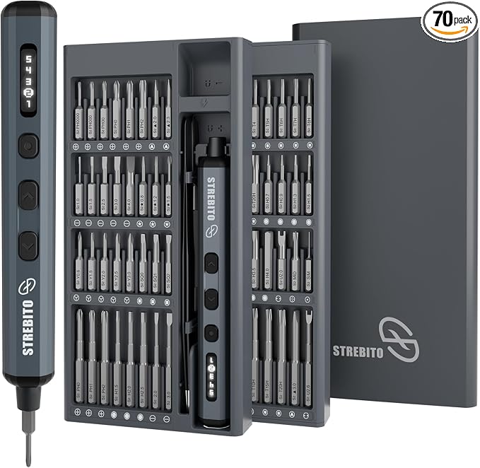 STREBITO Mini Electric Screwdriver, 70 in 1 Small electric screwdriver Set | 5 Upgraded Torque & Indicator, 64 S2 Preicison Bits, 4 LED Lights, Mini Power Screwdriver Repair Tool Kit for PC Electronic