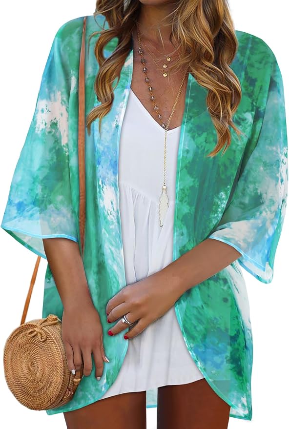 Women Kimono Cardigans Summer Cover Up Hawaiian Shirts Floral Print Tops | ROSEMIA chiffon kimono open front cardigans, beach cover ups, daily casual tops, cruise outfits, summer resort wear