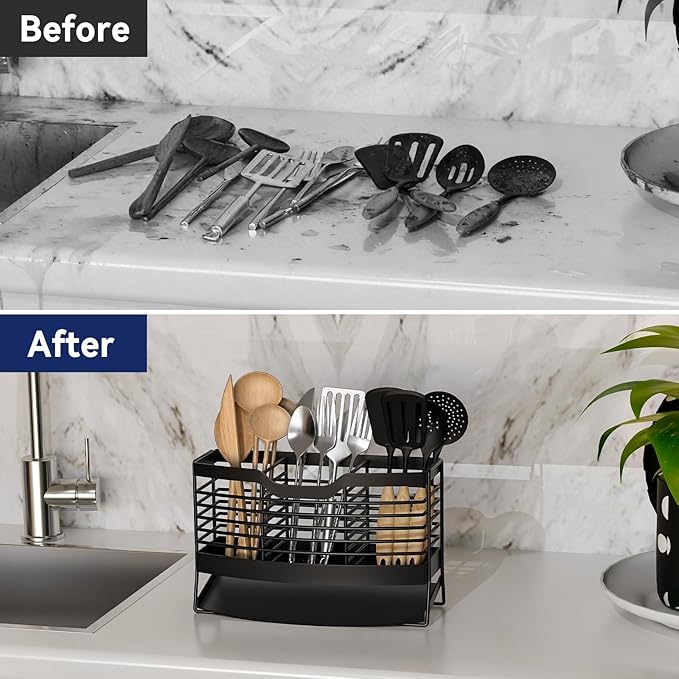 Utensil Holder, Stainless Steel Utensil Drying Rack with Automatic Drain Tray for Kitchen Counter, 3 Compartments Silverware Spoon Holder Cutlery Drainer Sink Caddy, Black