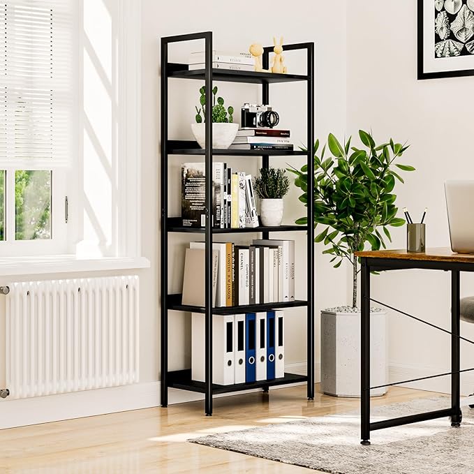 NUMENN Bookshelf, 5 Tier Freestanding Shelving Unit, Black | Metal Frame & Wood Shelves, Falling Prevention Baffle, Open Storage Bookcase for Bedroom, Living Room & Home Office