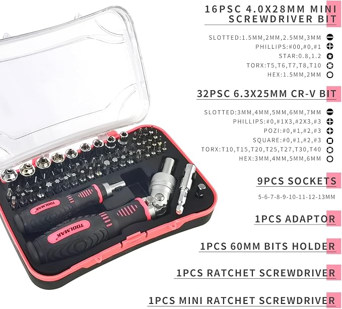 Ratcheting Screwdriver Set, 61pcs Socket & Precision Bit Set | Cr-V Steel, Rotatable Ratchet Handle & Storage Case, Ideal for Bikes, Electronics, Watches & Glasses