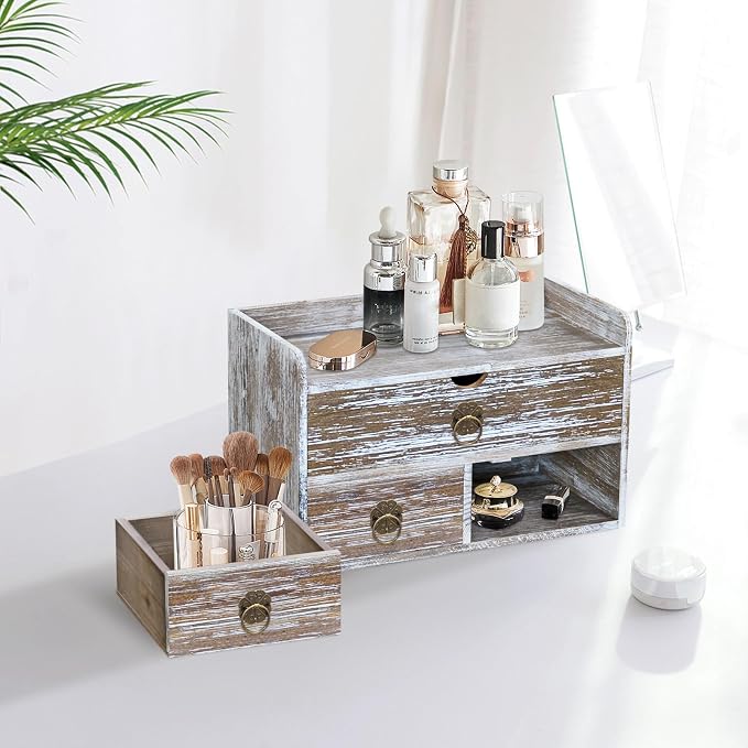 Wood Desk Organizer with Drawer, Washed Brown Wooden Desktop Organizer, Tabletop Storage Organization Box for Countertop, Home Office Supplies (3 Drawer and Shelf)