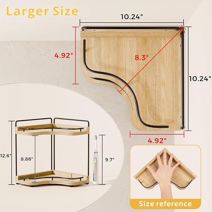 2-Tier Corner Bathroom Counter Organizer, Larger Size | Embedded Screw Holes, Sturdy & Stable, Holds More Bottles, Vanity shelf for Makeup & Skincare, Light Walnut