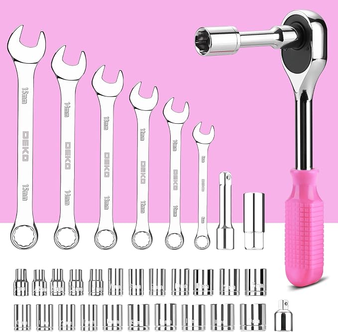 DEKOPRO Tool Set: 228 Piece Home Tool Kit, Household Basic Repair Tool Set Comes with Storage ToolBox, Socket Wrench Set for Car, Hand Tool Box Set for Home - Pink