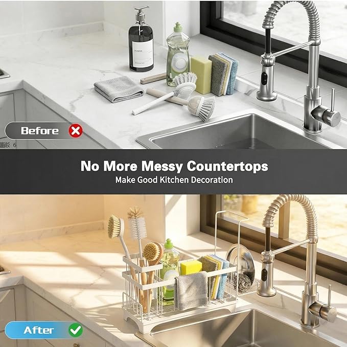 Sponge Holder for Kitchen Sink, Self-Draining Sink Caddy with Detachable Cloth & Dish Brush Rack, Metal Sponge Caddy Organizer for Kitchen Countertop Organizers and Storage Accessories, White