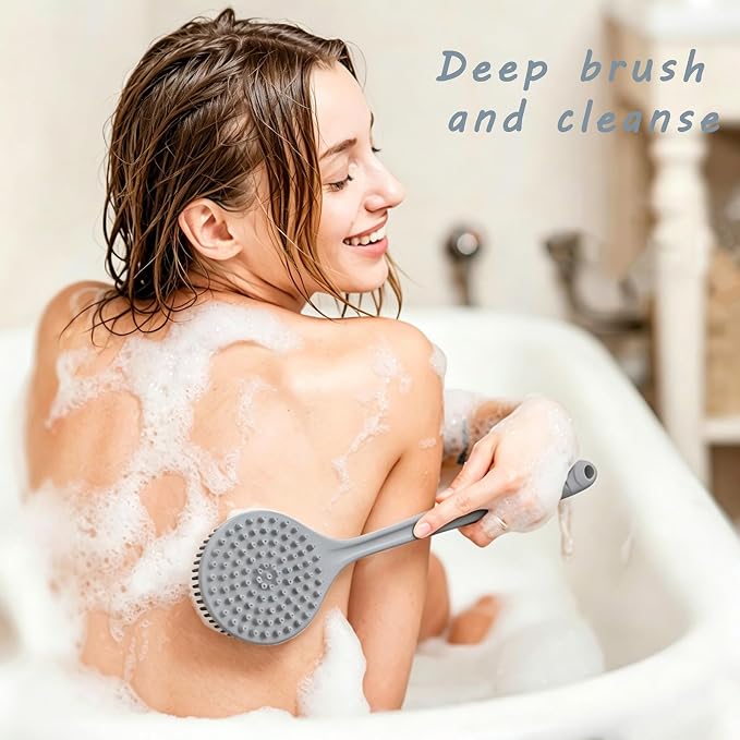 Silicone Back Scrubber for Shower, 17in Lengthen Long Handle Body Brush, Double Sided Shower Brush for Shower Exfoliating and Massage,Includes 2 Hooks(Grey)