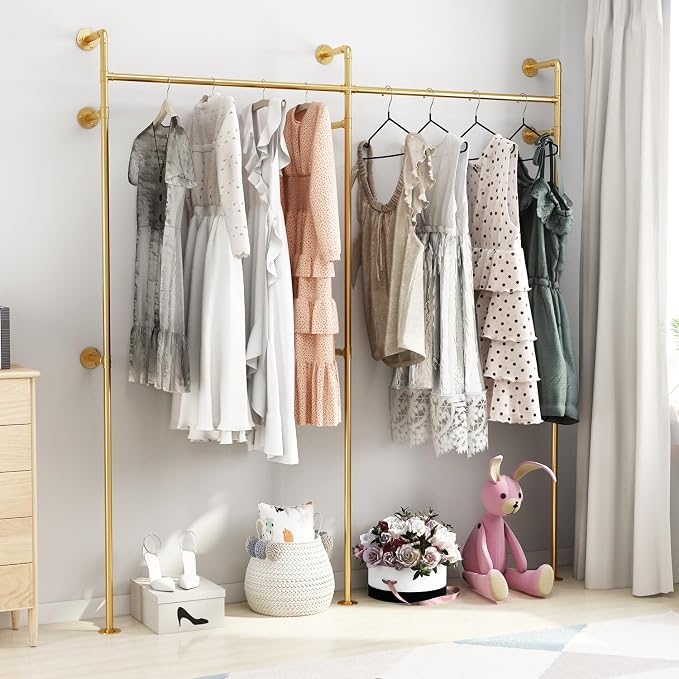 ORSENIGO Industrial Pipe Clothing Rack, Heavy Duty Clothes Rack for Hanging Clothes, Wall Mounted Display Garment Rack for Home Retail Boutique (Double, Gold)