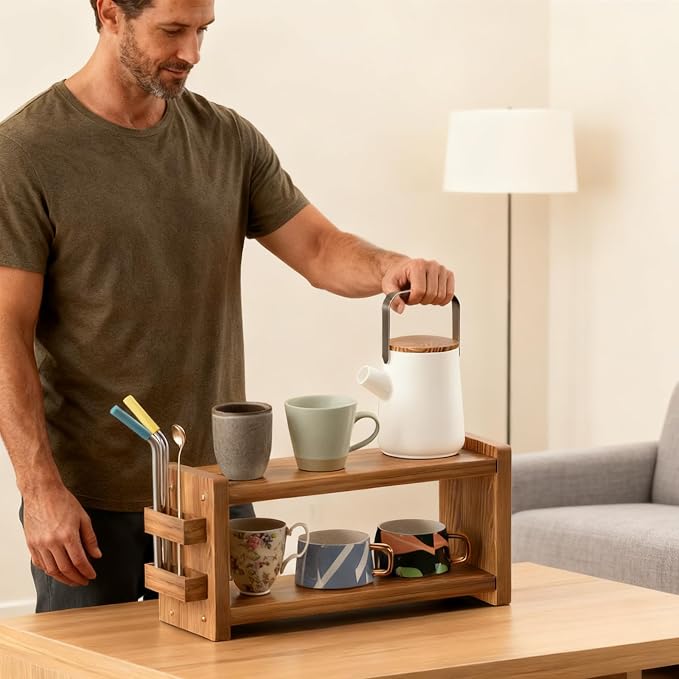 2 Tier Solid Wood Coffee and Matcha Station Organizer Farmhouse | with Straw Holder for Matcha, Pods, Sugar, Tea, Cups, Stirrers, Mugs Storage Countertop